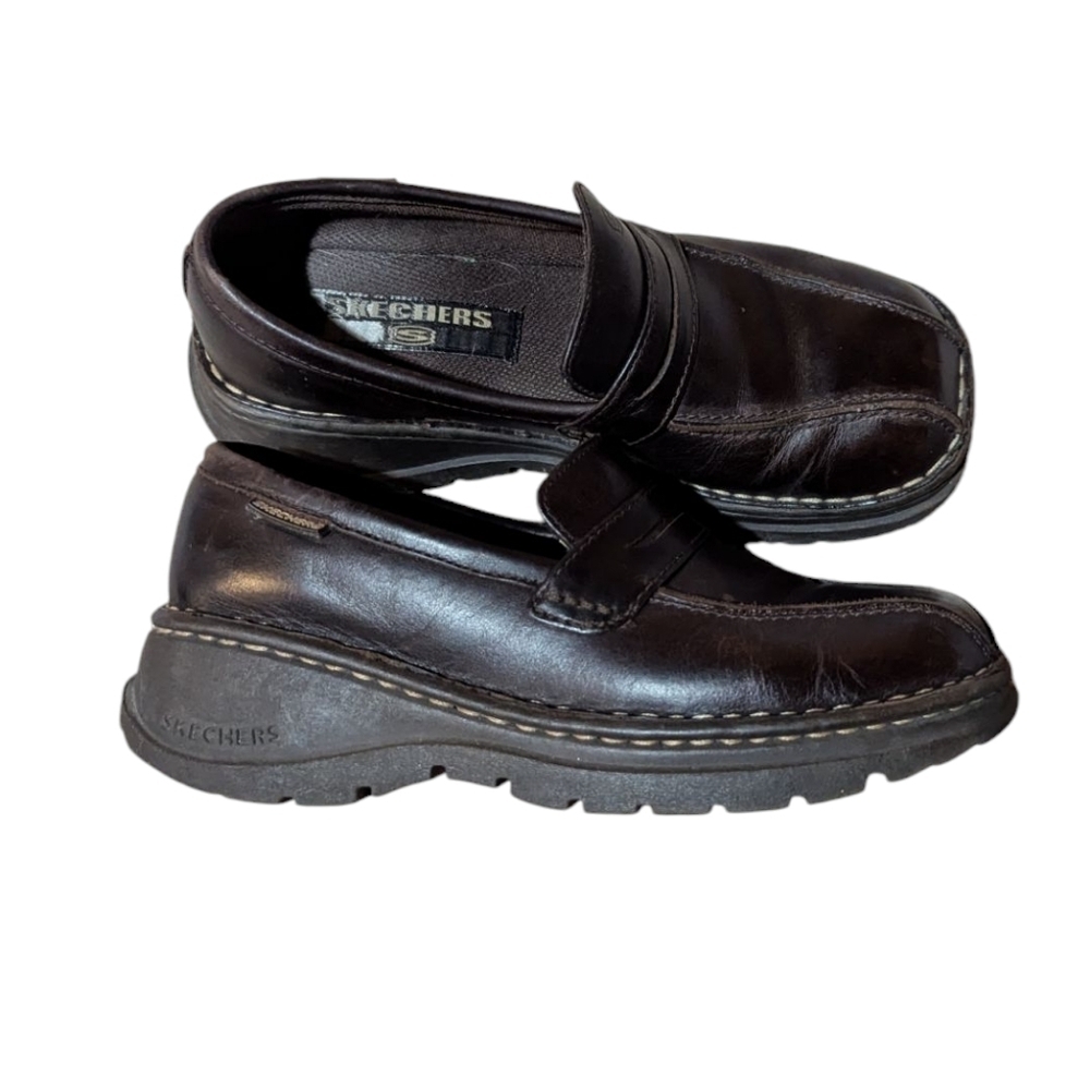 Vintage Y2K Skecher's Chunky Platform Loafers Shoe Brown Leather 90s Size 6.5 - Picture 2 of 10
